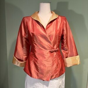 Women’s elegant orange w/yellow detail tie blouse size s/m
